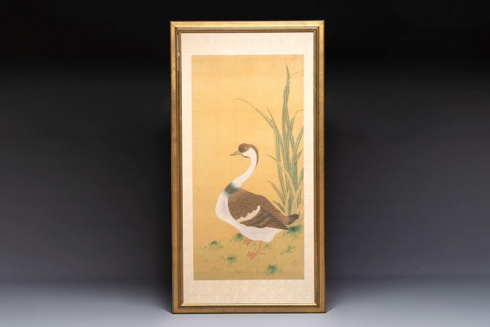 Chinese school: 'A standing goose', ink and colour on silk, 19/20th C.
