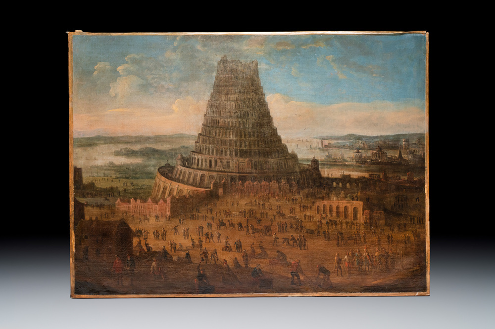Flemish school: 'The Tower of Babel', oil on canvas, 17th C.