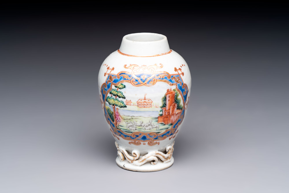 A rare Chinese famille rose 'European musical subject' tea caddy, Qianlong