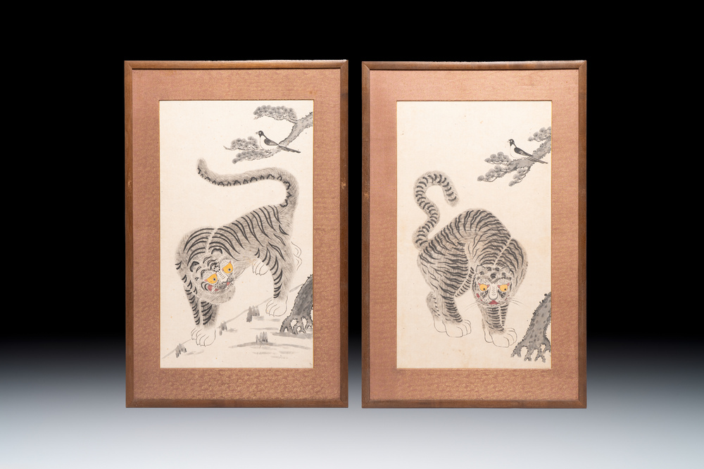 Korean school: 'A pair of tiger paintings', ink and colour on paper, Joseon, 19th C.