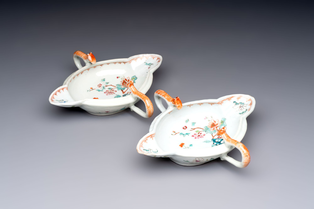 A pair of Chinese famille rose sauce boats, Qianlong