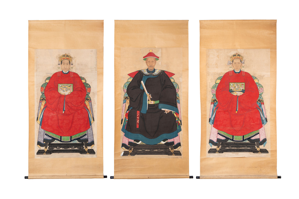 Chinese school: three ancestor portraits, ink and colour on paper, 19/20th C.