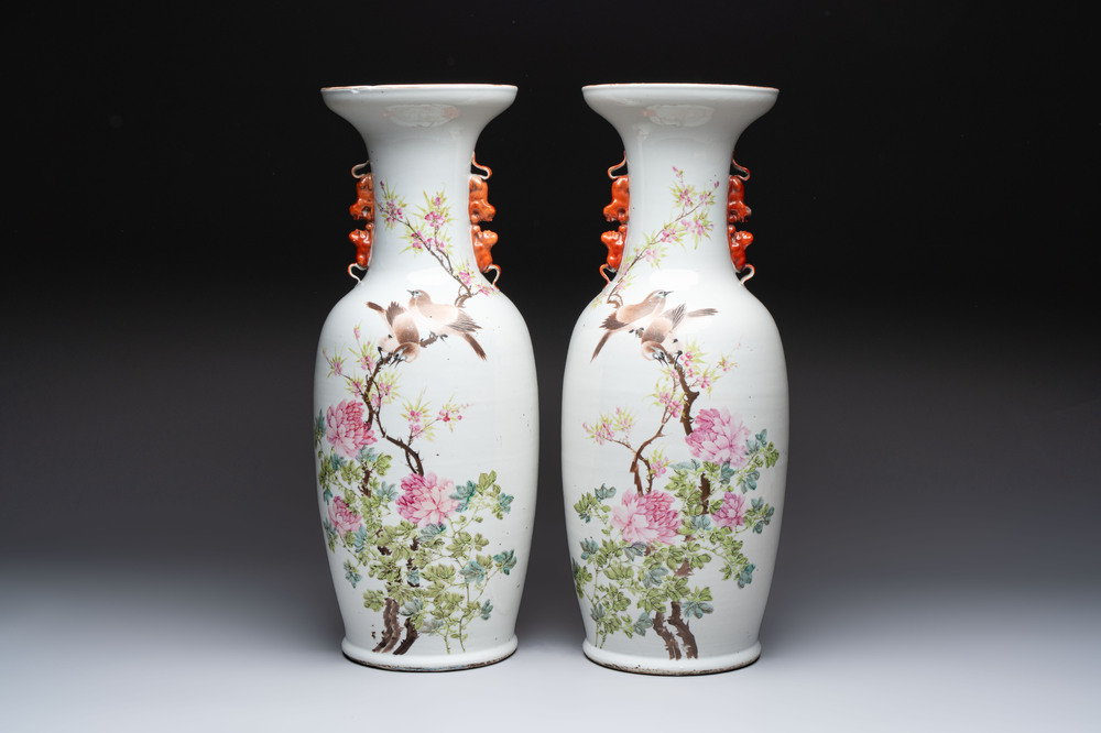 A pair of Chinese qianjiang cai 'birds among flowering branches' vases, signed Wang Yongyuan 汪永源, dated 1900