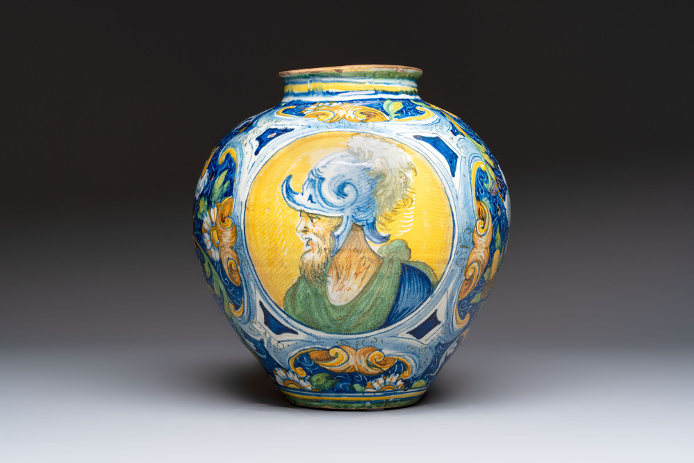 A large and fine Italian maiolica drug jar or 'vaso a palla' with two male portrait busts, workshop of Maestro Domenico, Venice, 3rd quarter 16th C.