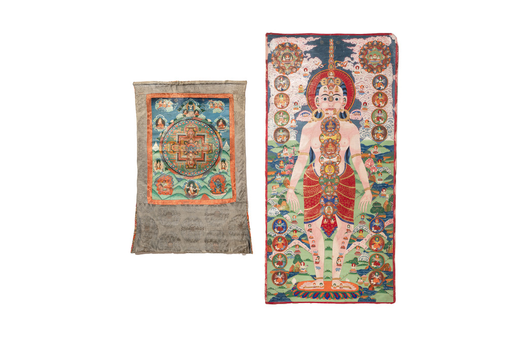 Two Tibetan thangkas depicting a Mandala and Chakras, 19th C.