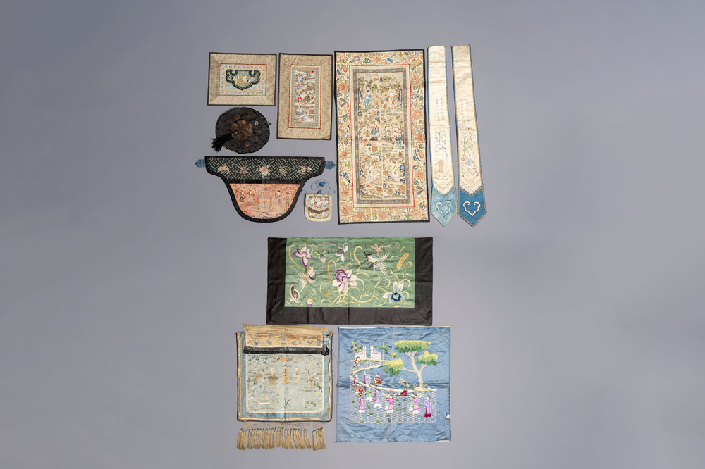 A group of 11 Chinese embroidered silk panels, purses and ornaments, 19/20th C.