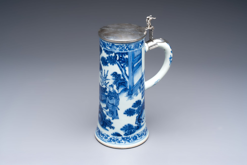 A fine Chinese blue and white tankard with Dutch silver cover, Transitional period
