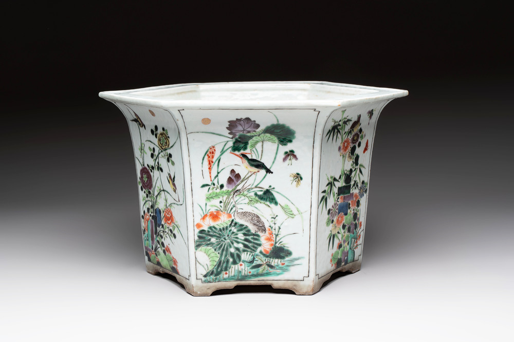 A rare Chinese famille verte hexagonal jardini&egrave;re with birds among flowering branches, double Fu mark, Kangxi