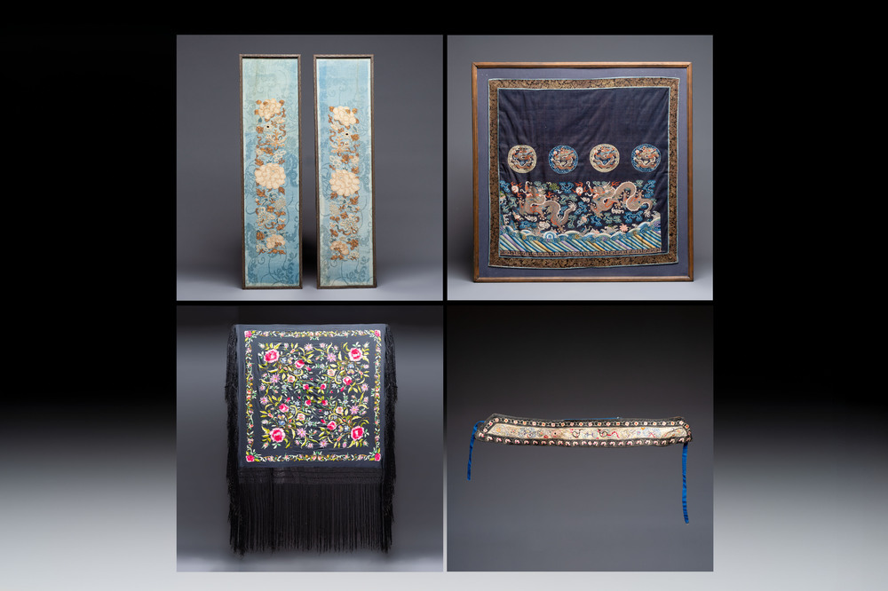 A fine Chinese kesi square 'dragon' panel and four silk embroideries with floral design, 19th C