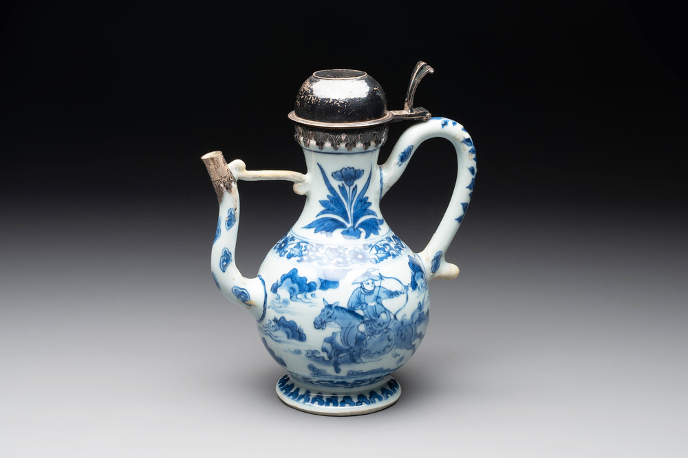 A Chinese silver-mounted blue and white 'Mongolian hunt' ewer, Transitional period
