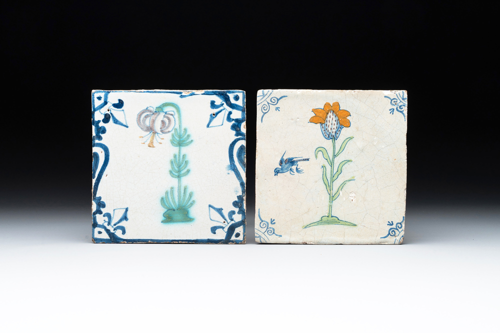 Two polychrome Dutch Delft 'flower' tiles, 17th C.