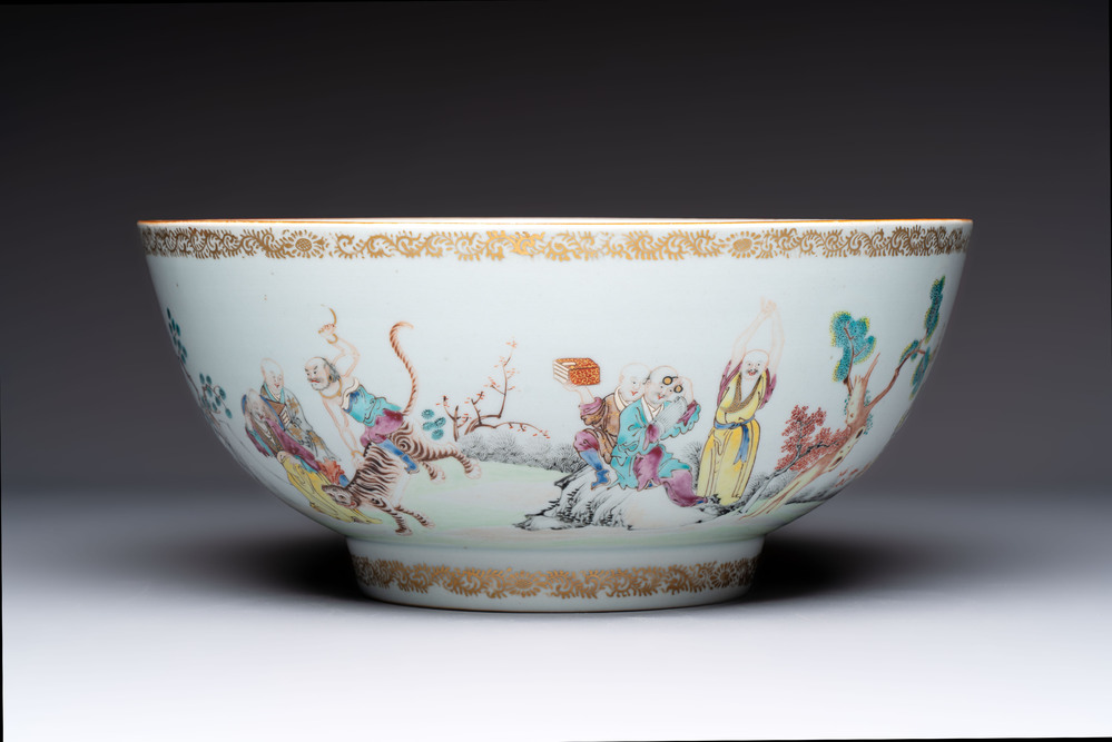 A Chinese famille rose '18 Luohan' punch bowl, Qianlong