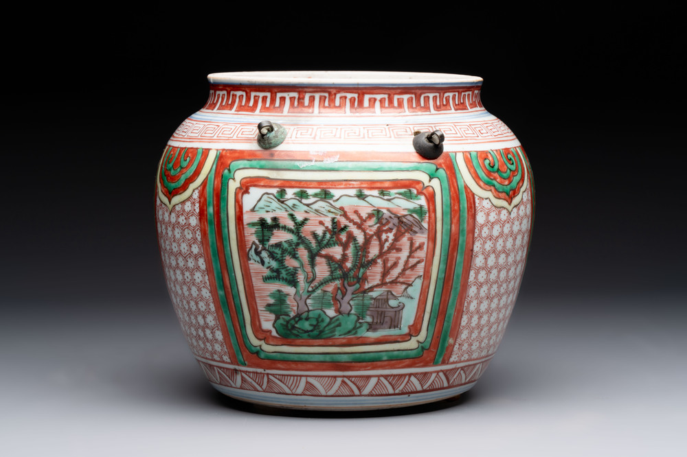 A Chinese wucai bowl with landscape panels, Transitional period