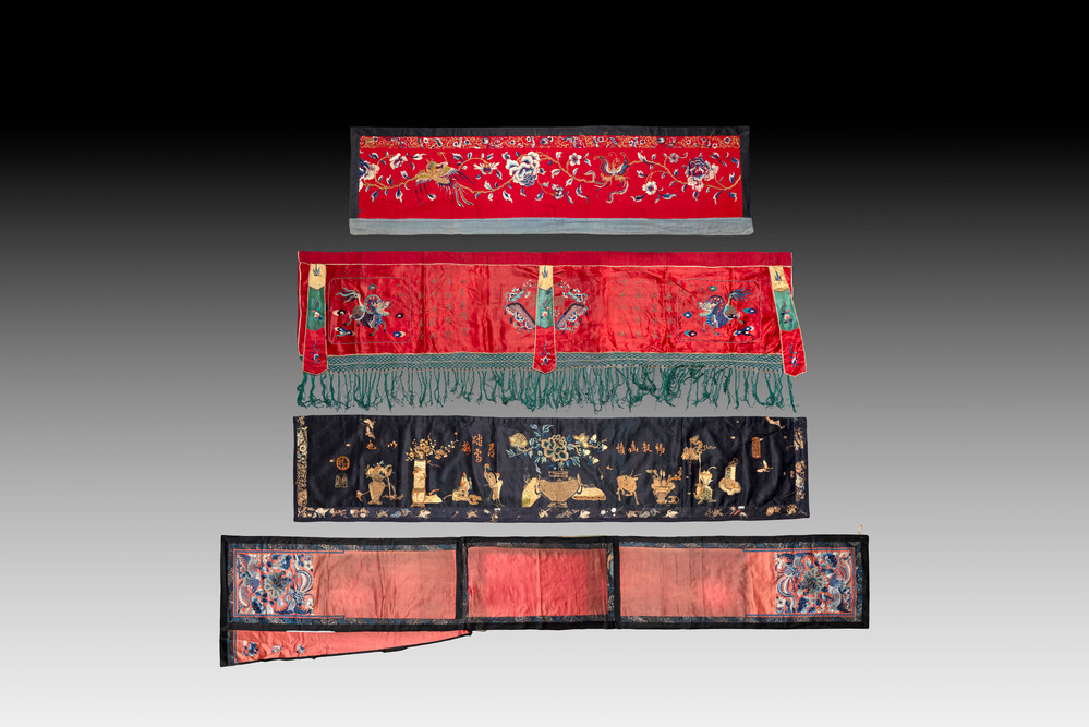 Four Chinese embroidered silk and felt altar panels, 19th C