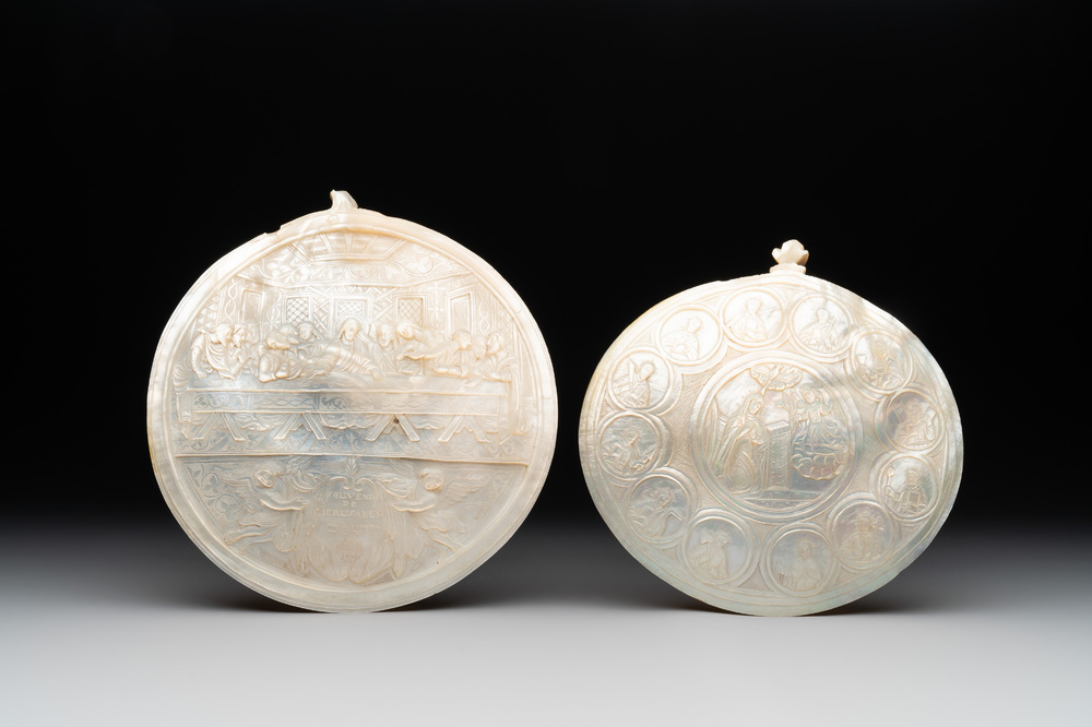 Two Palestinian mother-of-pearl plaques depicting The Last Supper and The Annunciation, 19th C.