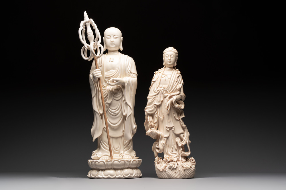 A Chinese Dehua blanc de Chine monk and a Guanyin, He Chaozong 何朝宗 and Dehua 德化 marks, 20th C.