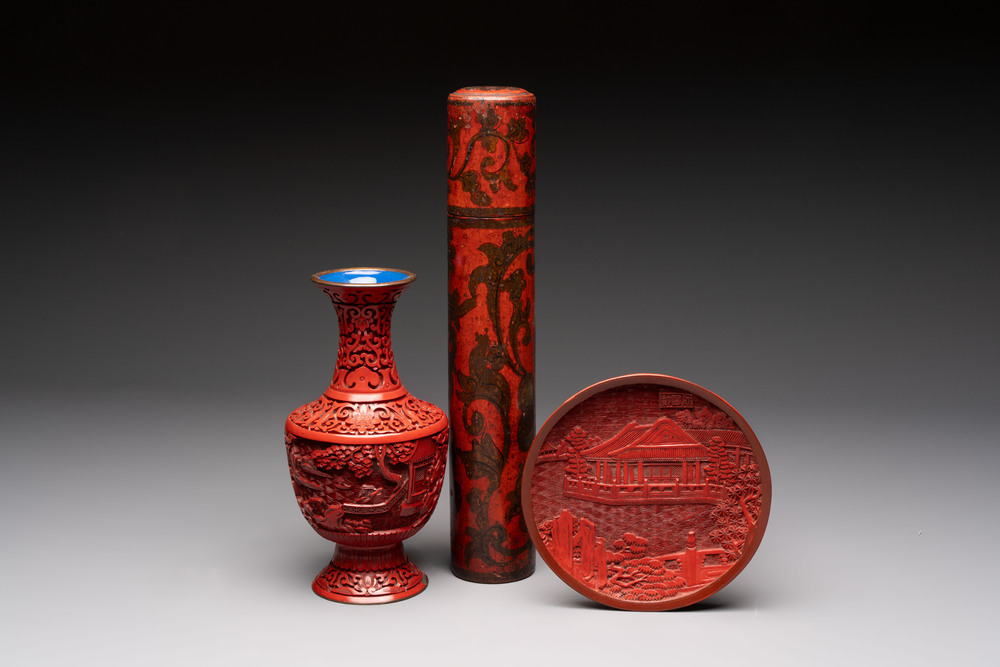 A Chinese cinnabar lacquer vase, a plate and a gilt-lacquered wooden container, 19/20th C.