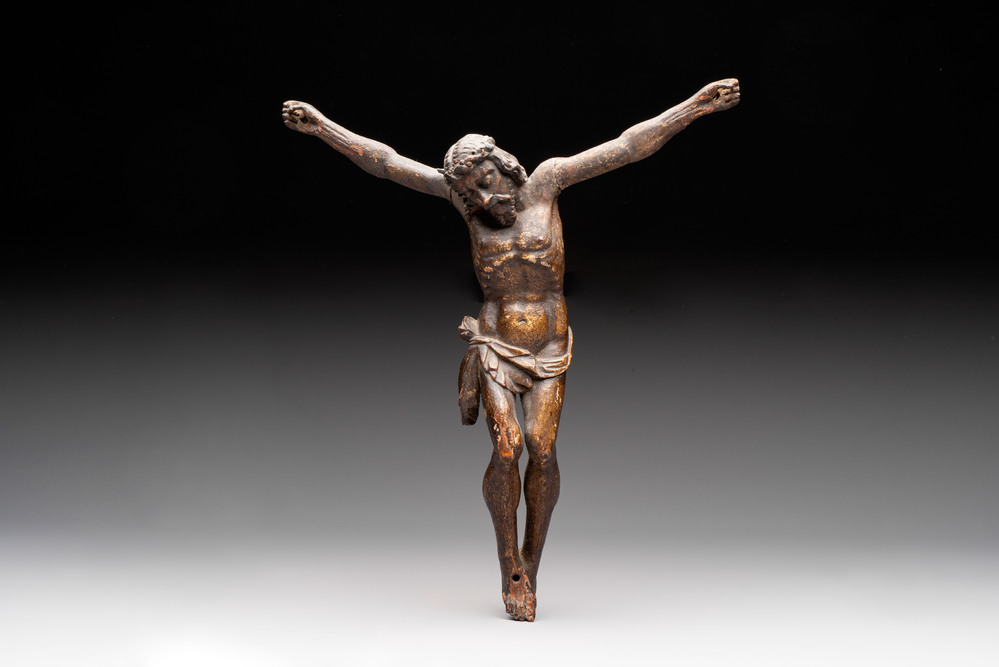 A carved wooden Corpus Christi with traces of polychromy, Spain, 16/17th C.