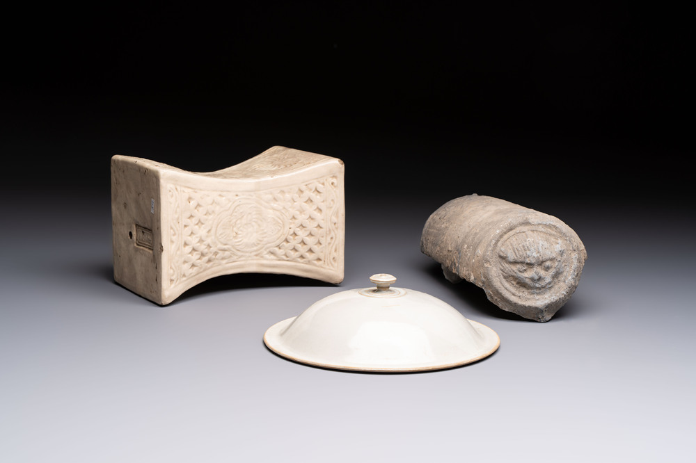 A Chinese cream-glazed pillow, a grey terracotta roof tile and a grey-glazed cover, Republic and earlier