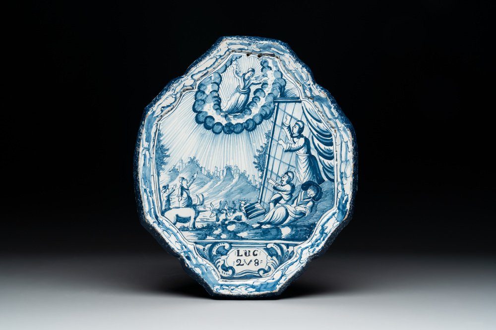 A blue and white Frisian Dutch Delft 'Annunciation to the Shepherds' plaque, inscribed 'LUC 2V8', 18th C.