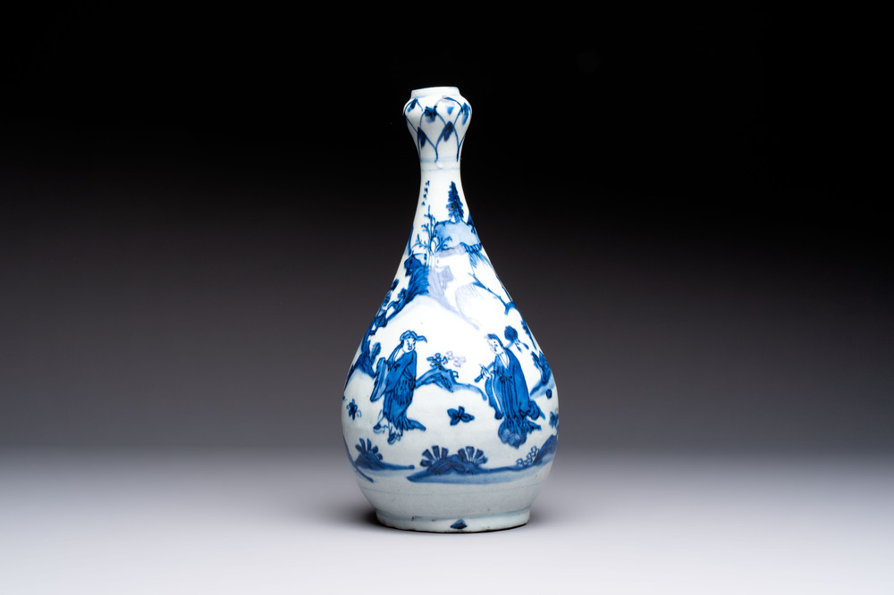 A rare Chinese blue and white 'Immortals' garlic-mouth bottle vase, Liao 料 mark, Wanli/Tianqi