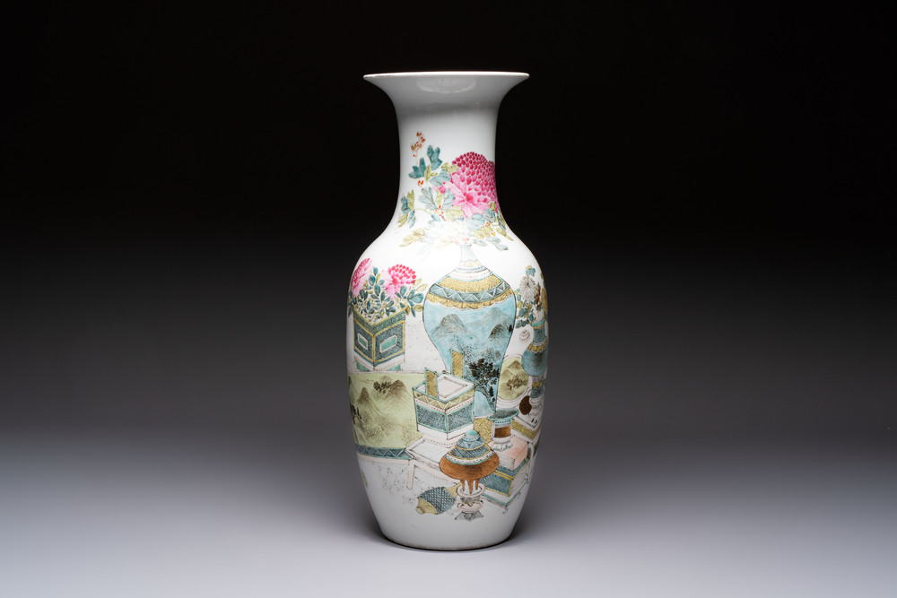A Chinese famille rose 'Antiquities&rsquo; vase, signed Fang Jiazhen 方家珍, dated 1891