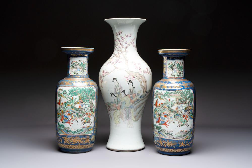 A pair of Chinese famille verte blue-ground gilt-decorated vases and a famille rose 'Elegant Beauties' vase, 19th C.