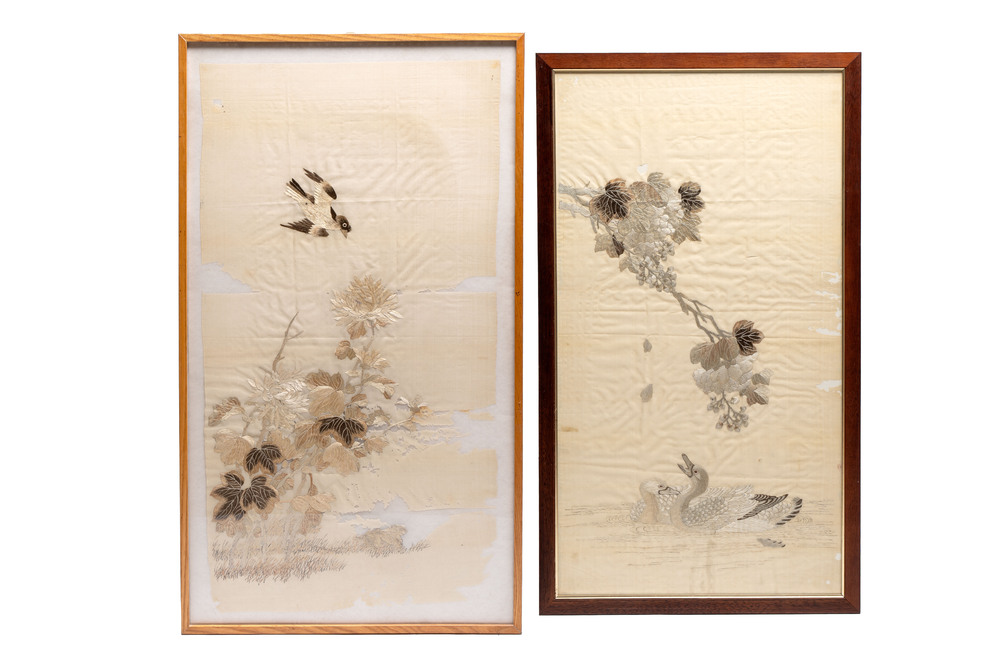Two Chinese embroidered silk panels, 19/20th C.