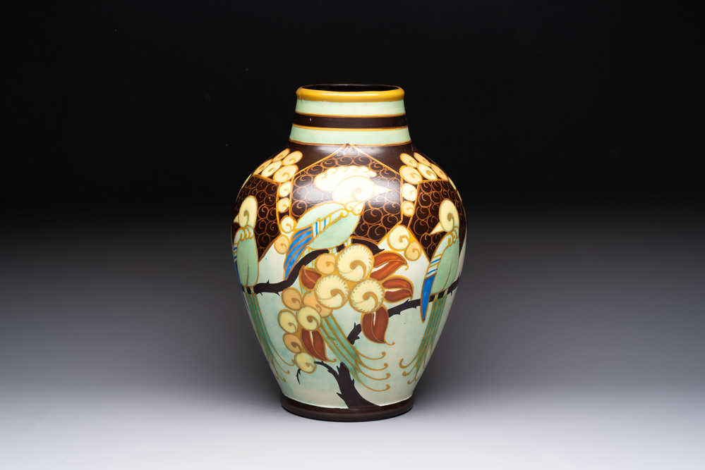 A Charles Catteau for Boch K&eacute;ramis 'Parrots' vase, 20th C.