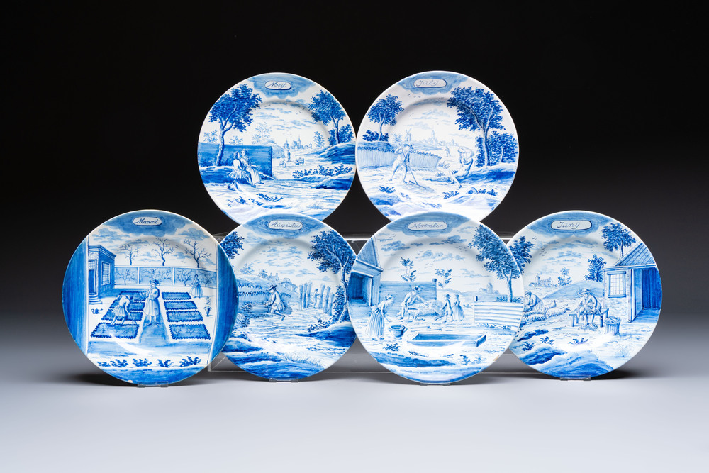 Six blue and white Dutch Delft 'Month' plates, Makkum, 19th C.