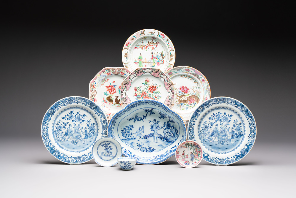 A varied group of ten Chinese blue, white and famille rose wares, Yongzheng/Qianlong