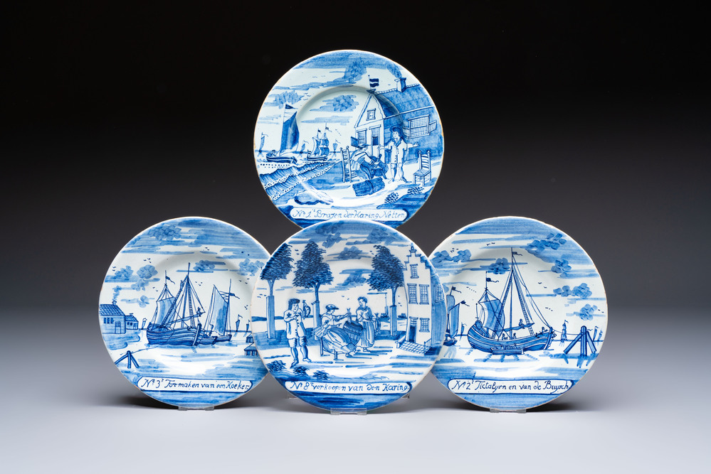 Four blue and white Dutch Delft 'Herring Fishery' plates, 18th C.