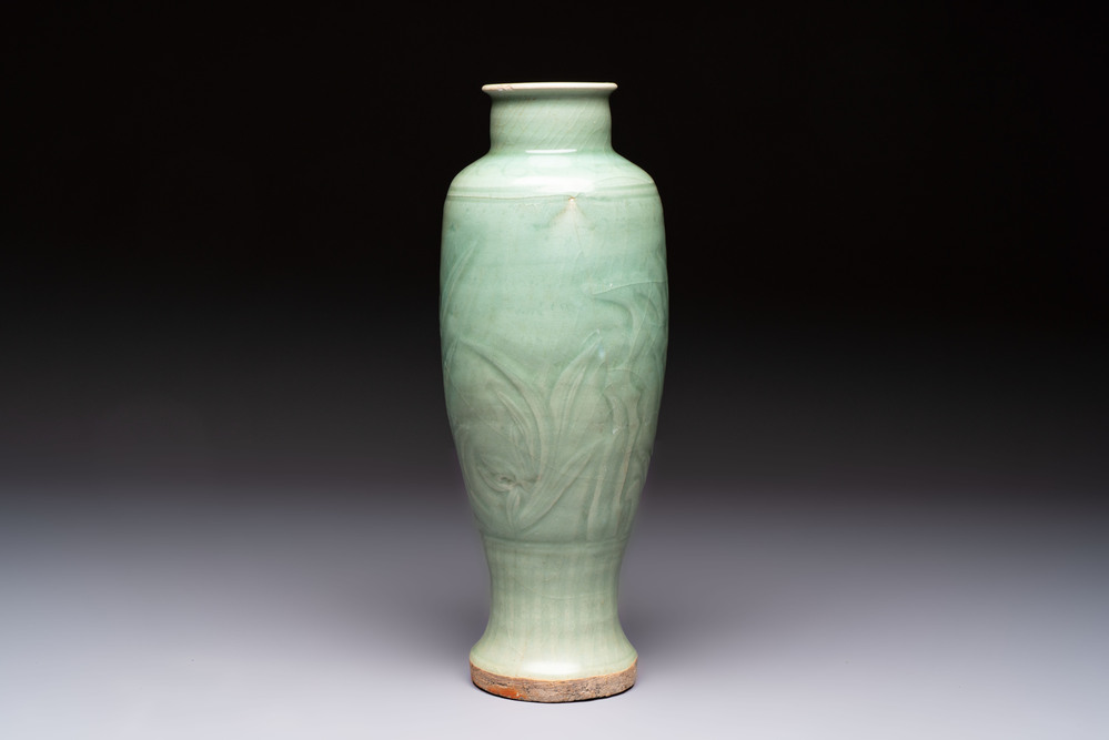 A Chinese Longquan celadon vase with incised floral design, Transitional period