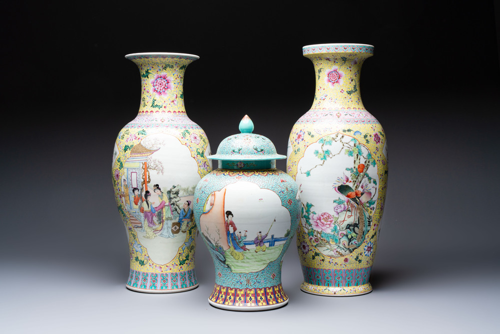 Two Chinese famille rose yellow-ground vases and a turquoise-ground vase, Qianlong and Jing De Zhen 景德鎮 marks, 20th C.