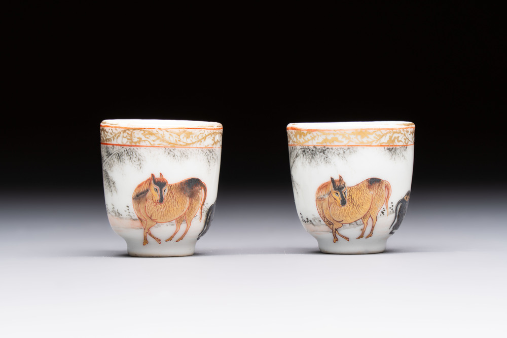 A pair of rare Chinese gilt- and silver-decorated grisaille and iron-red miniature 'Horse' cups, Yongzheng/Qianlong