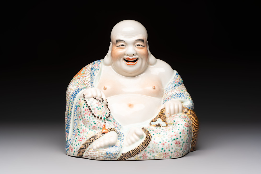 A Chinese famille rose Milefo Buddha, Yu Bingchang Zao 俞炳昌造 mark, Republic