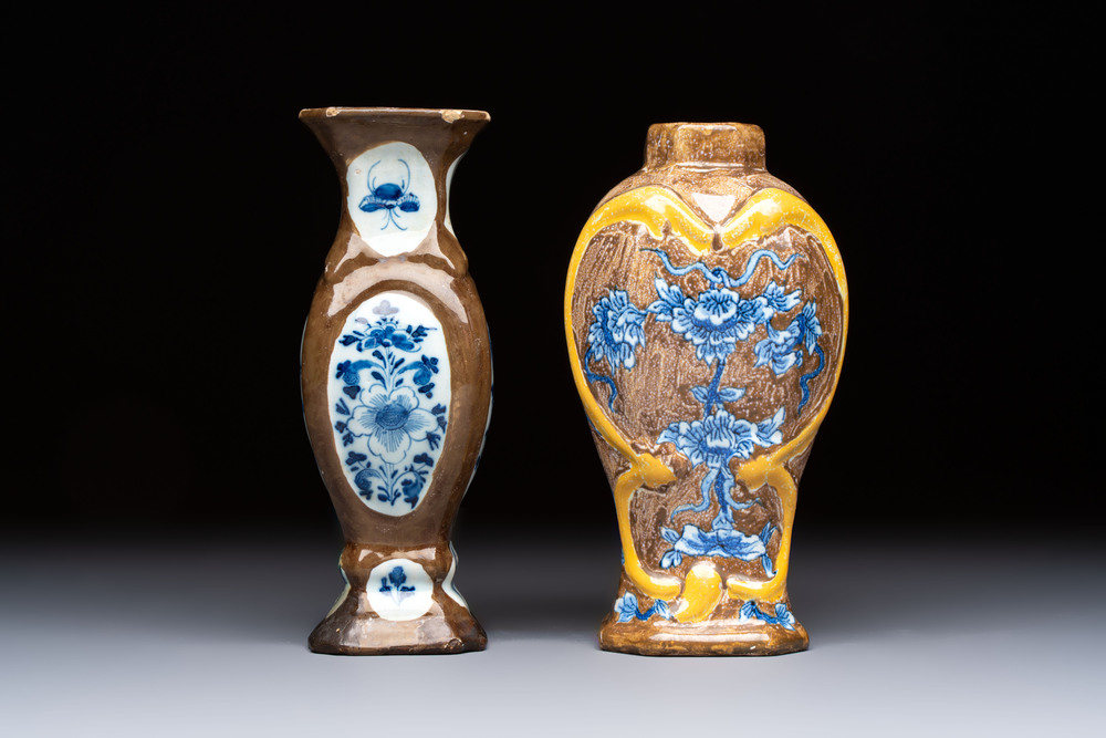 Two blue and white Dutch Delft capucin-brown-ground vases, 18th C.