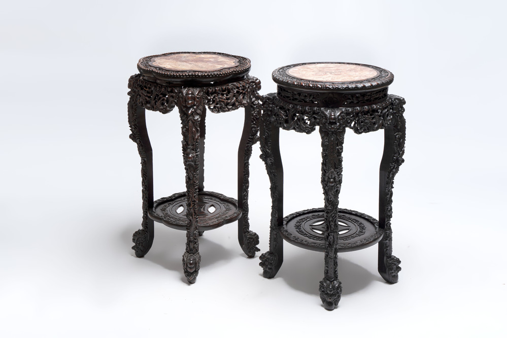 Two finely carved Chinese marble-topped hongmu stands, 19th C.