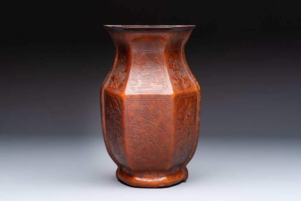 A rare Chinese moulded gourd wall pocket vase with landscape design, Guangxu mark and of the period