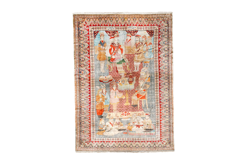 An exceptional and large embroidered silk 'Shahnameh' carpet, signed Musa Baft Tabriz, Tabriz, Iran, 20th C.
