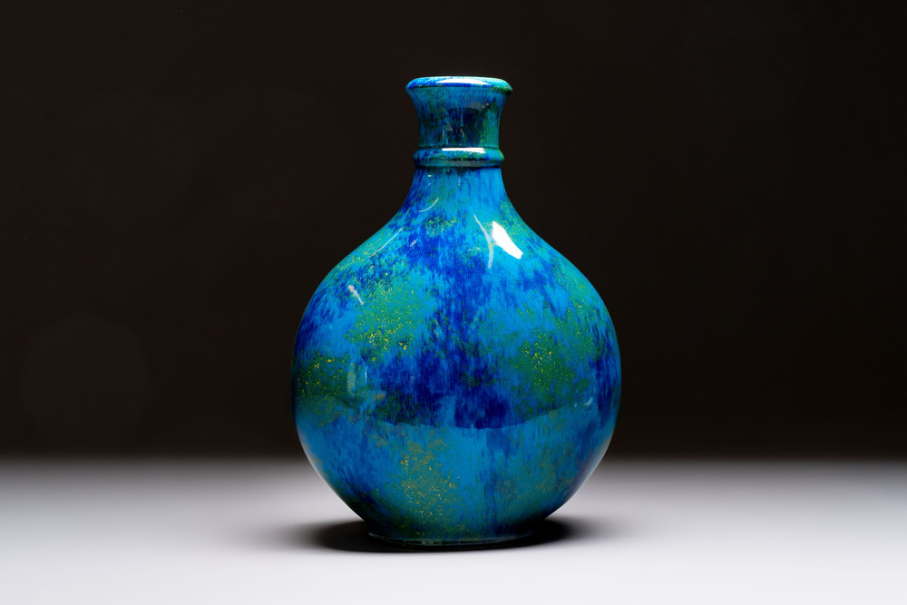 Paul Millet (1870-1950) for S&egrave;vres: A fine blue, turquoise and yellow flamb&eacute;-glazed bottle vase, late 19th C.