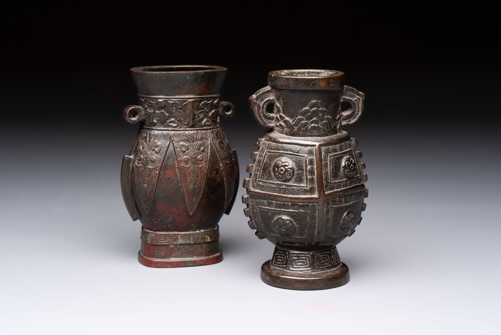 Two small Chinese bronze archaistic vases, Yuan/Ming
