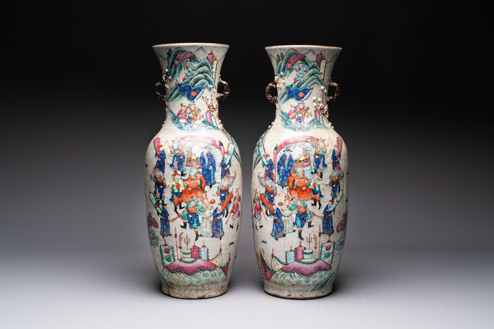 A pair of Chinese Nanking famille rose vases with narrative design, Chenghua mark, 19th C.