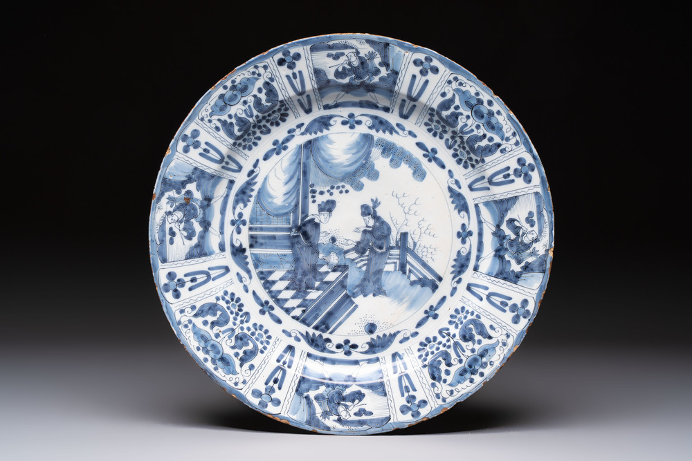 A large blue and white Dutch Delft chinoiserie dish, late 17th C.