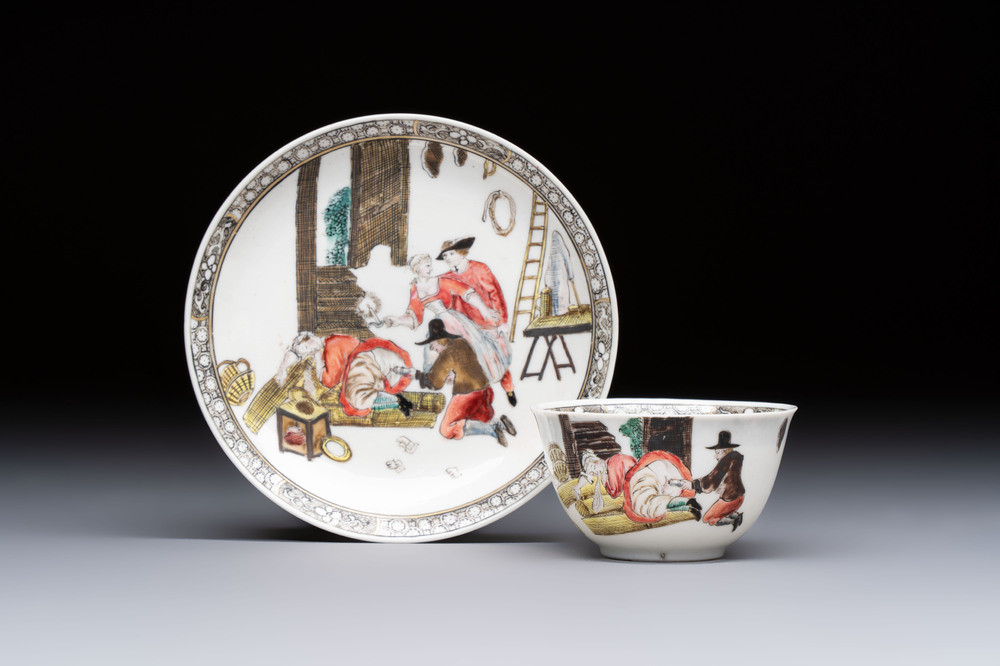 An extremely rare Chinese famille rose 'L'Apoticaire Charitable' cup and saucer, Yongzheng/Qianlong