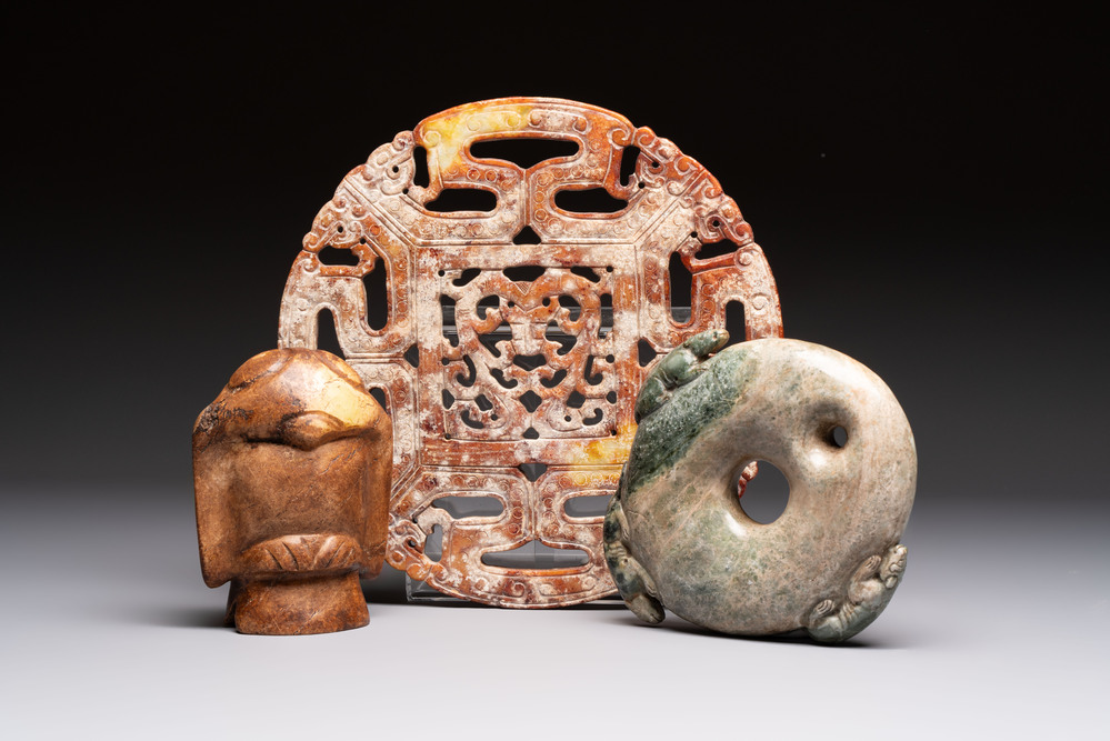 Three Chinese archaistic jade carvings, 20th C.