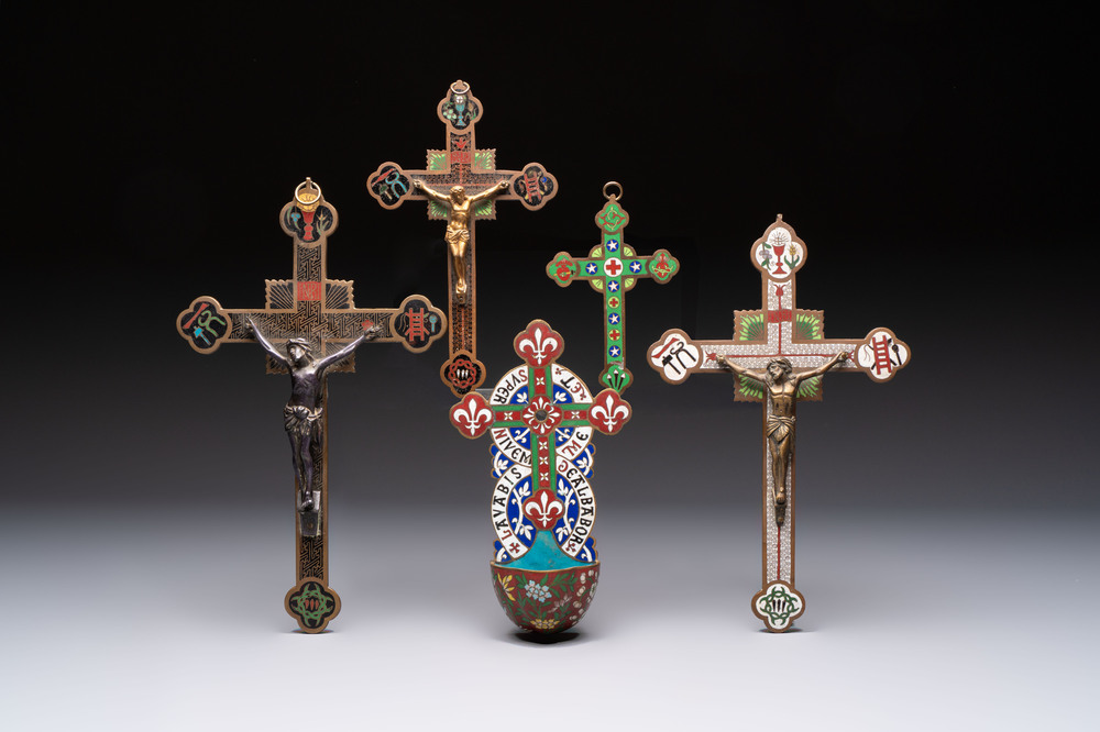Four Chinese cloisonn&eacute; crucifixes and a holy water font, 19th C.