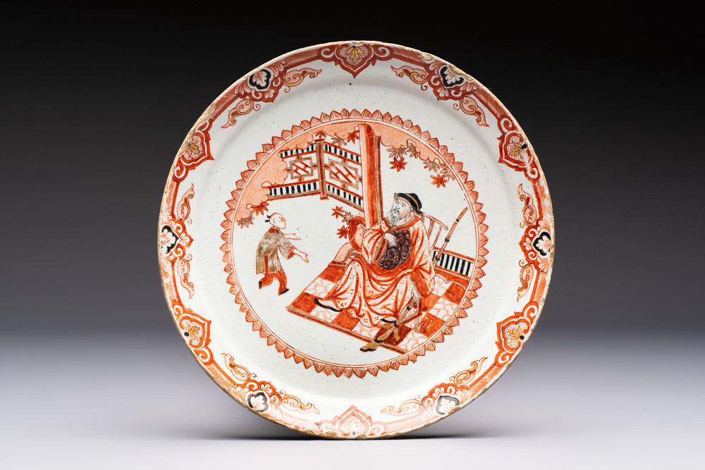 An unusual Dutch Delft dor&eacute; chinoiserie plate, 1st half 18th C.