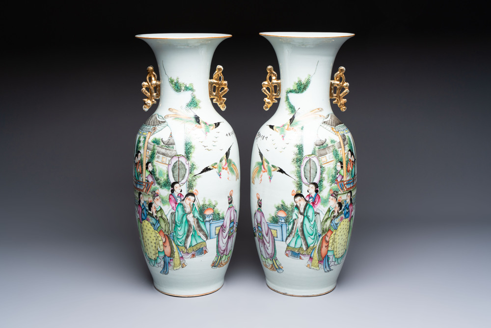 A pair of Chinese famille rose 'Chui Xiao Yin Feng 吹簫引鳳' vases, signed Pan Zhaotang 潘肇唐, dated 1923