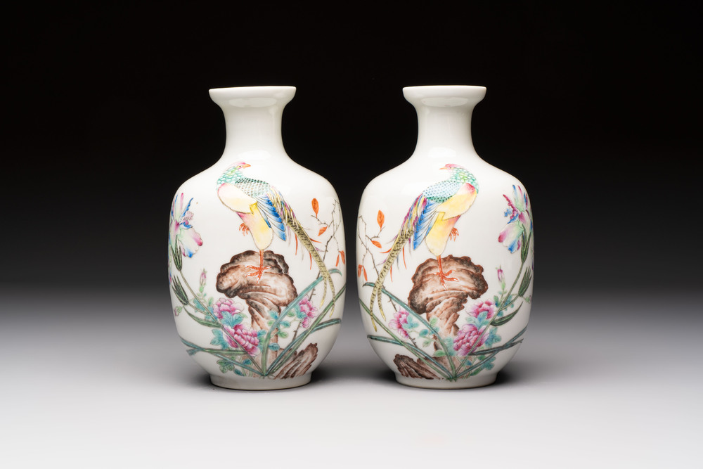 A pair of Chinese famille rose 'Pheasants' vases, Qianlong mark, Republic